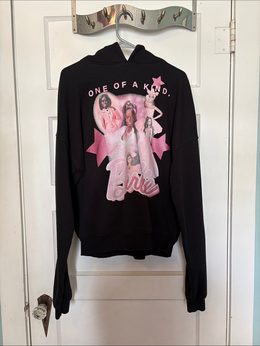 Barbie Black Hoodie with Pink Graphic Oversized 'One of a Kind' Size 4